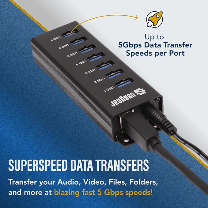 USBGear 7-Port USB Hub 3.2 Gen 1 – Mountable SuperSpeed Data Hub with USB Ports for Laptop PC Desktop and More 5V/4A Power Adapter with Type-A to Type-B Cable (3ft) Computer Accessories