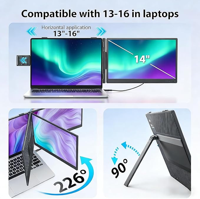 14 Laptop Screen Extender FHD 1080P IPS Travel Dual Monitor 226° Rotation Portable Monitor for Laptops 13-16 with USB-C/HDMI Port Plug-Play for Win/Mac/Chrome/Android