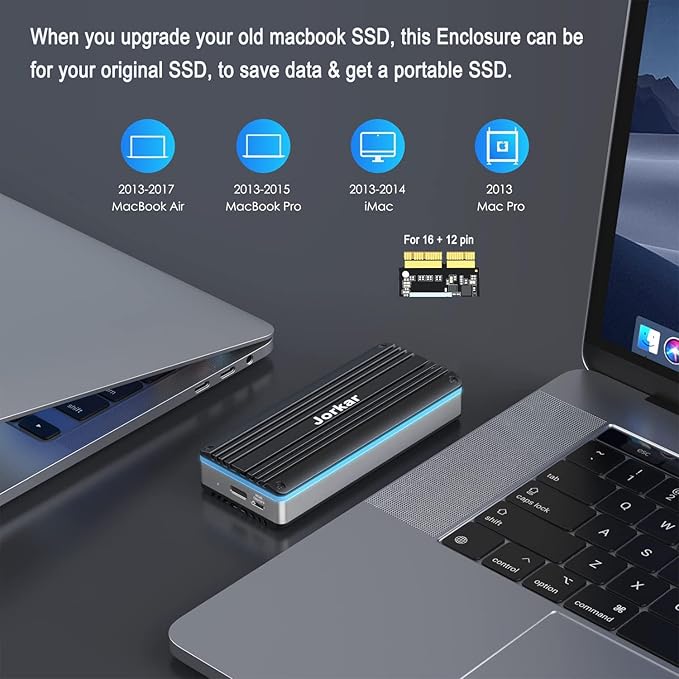 External SSD Enclosure USB-C 3.2 for 12+16 Pin MacBook SSD Hard Drive Reader for A1466 A1465 A1502 A1398 SSDs Mac Air/Pro mid 2013-2017 Portable Aluminum SSDs Case with Indicator