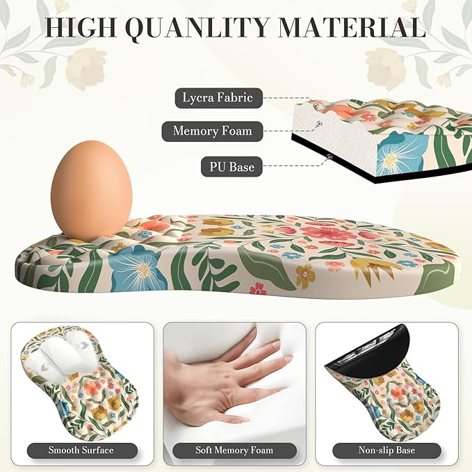 Computer Mat and Mouse Pad SetFloral Aesthetic Wrist Rest for Keyboard and Mouse with Coaster Non-Slip Desk Protector Work from Home(Green and Pink)