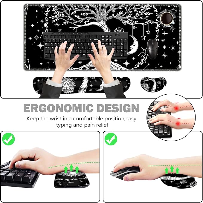 ToLuLu Extended Gaming Mouse Pad Memory Foam Ergonomic Keyboard Mouse Wrist Rest Support Set Large Desk Mat with Stitched Edges Non-Slip Base Mousepad for Home Office Game and Study Moon &amp Sun