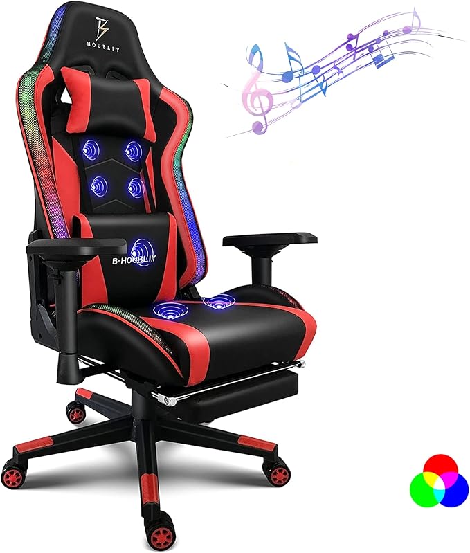 Gaming Chairs for Adults Massage Video Game Chairs with Speakers and RGB Lights Ergonomic High Back Computer Chair with Footrest and 4D Handrail PU Leather 360° Swivel Racing ChairRed