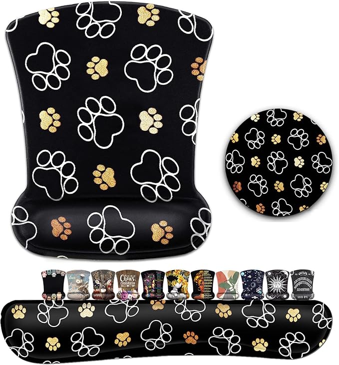 Ergonomic Mouse Pad with Wrist Support Gel Mouse Pad Non-Slip Laptop Computer Keyboard Mousepad for Office &amp Home Cute Cat Paws Design Memory Foam Keyboard Wrist Rest Dog Paw Prints Gold White