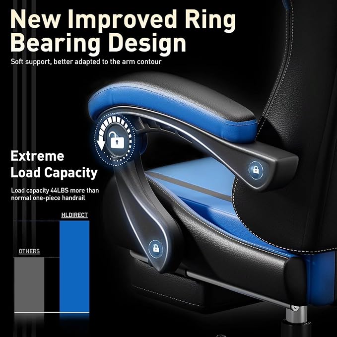 HLDIRECT Gaming Chair Ergonomic Video Game Seat with 360° Swivel &amp Lumbar Massage Computer Chair PU Leather Cushion for Adults Home/Office Use (Black &amp Blue)