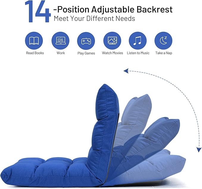 GORELAX Floor Chair with Back Support 14-Poistion Adjustable Folding Gaming Chair Recliner Meditation Chair with Steel Frame Padded Lazy Sofa Chair for Adults Kids (Blue)