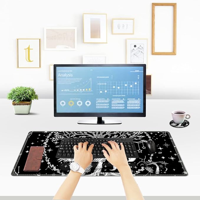 ToLuLu Extended Gaming Mouse Pad Memory Foam Ergonomic Keyboard Mouse Wrist Rest Support Set Large Desk Mat with Stitched Edges Non-Slip Base Mousepad for Home Office Game and Study Moon &amp Sun