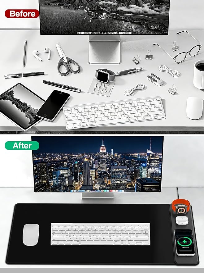 Mouse Pad with Magnetic Wireless Charging Large Desk Mat Non-Slip Mouse Mat Keyboard Pad for Gaming Desk Office PC (The Right Charging-Black with 20W PD Charger)