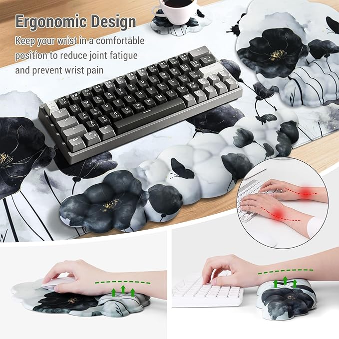 Conmputer Desk Mat Set 4 in 1 Cloud-Shaped Ergonomic Wrist Rest Set Mouse Pad with Non-Slip Base Memory Foam Silicone Lining Keyboard Wrist Rest Computers Offices Gaming Ink Wash Lotus