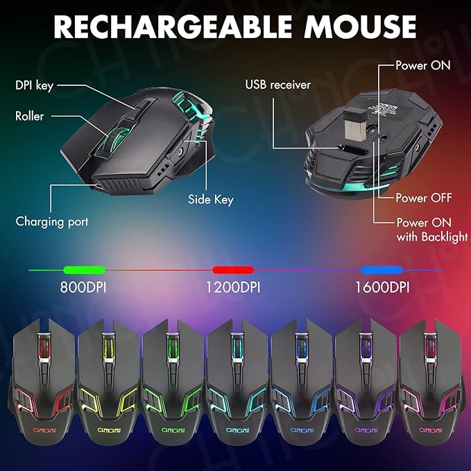 CHONCHOW Wireless Gaming Keyboard and Mouse Combo Rechargeable 87 Key LED Light Up Keyboard Ergonomic Gaming Mouse Backlit Wireless Mouse and Keyboard for Xbox PS4 PS4 PC Laptop