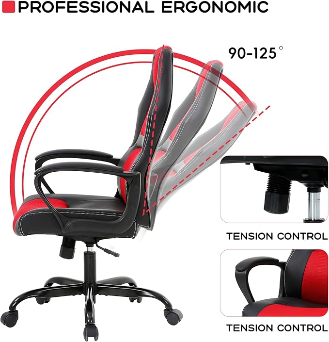 MKDLUFEI Video Game ChairErgonomic Office Chair Desk Chair and Lumbar Support PU Leather Recliner with HeadrestHeight Adjustable Computer Chair for Adults (RED)