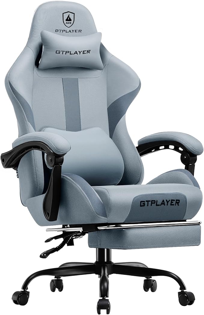 GTPLAYER Gaming Chair with Foot Rest &amp Pocket Spring Cushion Breathable Fabric for Home Office Desk Ergonomic High Back Computer Chair with Headrest &amp Lumbar Support Blue/Gray