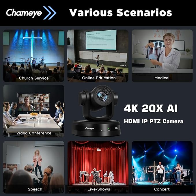 Chameye 4K PTZ Conference Camera AI Auto Tracking PTZ Camera 4K 20x Optical Zoom USB/HDMI/PoE for Church Video Conference &amp Meeting Room - Compatible with Vmix OBS Zoom CH420