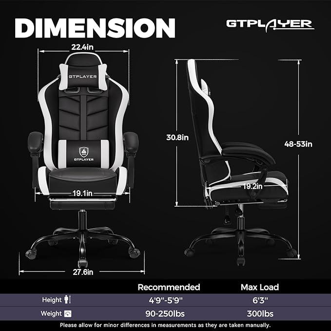 GTPLAYER Gaming Chair for Adults Ergonomic Computer Gaming Chair with Footrest Height Adjustable 90-155° Recline &amp Removable Headrest Lumbar Support White