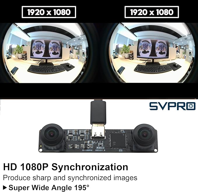 SVPRO Dual Lens USB Camera Module 1080P 60fps Fisheye UVC Industrial Camera Board Synchronisation Recording in Colour with M12 Lens Distortion-Free Wide Angle Board Camera