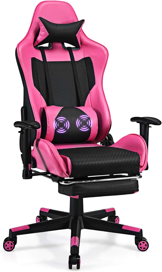 Giantex Massage Gaming Chair Pink Ergonomic Video Game Chair with Footrest High Back E-Sport Computer Chair with Headrest &amp Massager Lumbar Support PU Leather Gaming Seat
