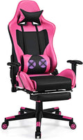 Giantex Massage Gaming Chair Pink Ergonomic Video Game Chair with Footrest High Back E-Sport Computer Chair with Headrest &amp Massager Lumbar Support PU Leather Gaming Seat