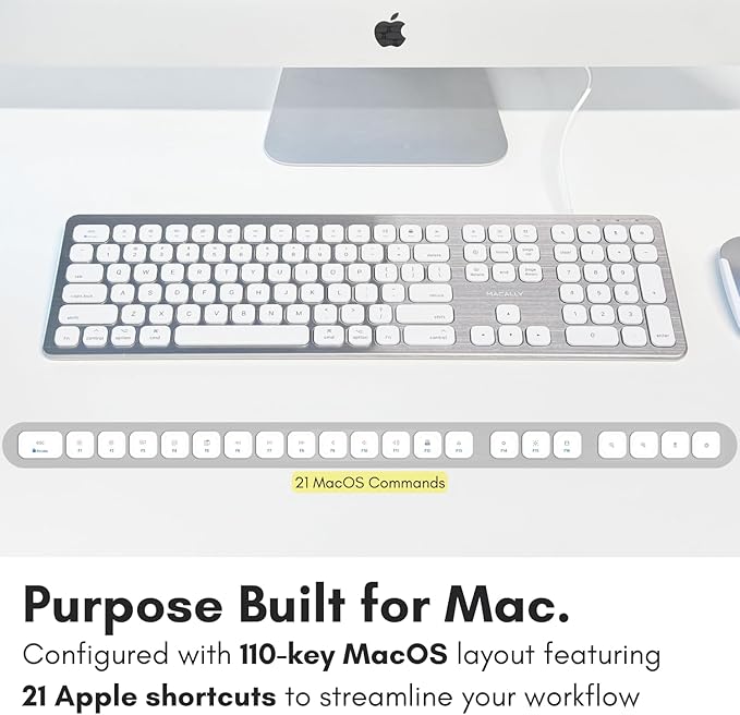 Macally Wired Keyboard for Mac with USB Ports for Mouse - Compatible Apple Keyboard for MacBook Pro/Air iMac - Aluminum Frame