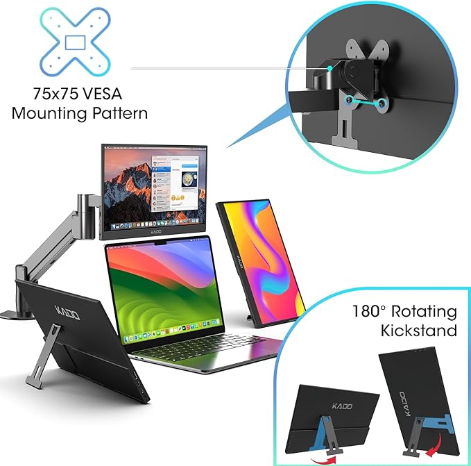 Kado Portable Monitor 15.6-Inch FHD 1080p 45W Reverse Charging 1920x1080 USB-C HDMI Gaming Monitor IPS Display Built-in Speakers Second Display Kickstand for Laptop PC Phone Mac Xbox PS4/PS5 Switch
