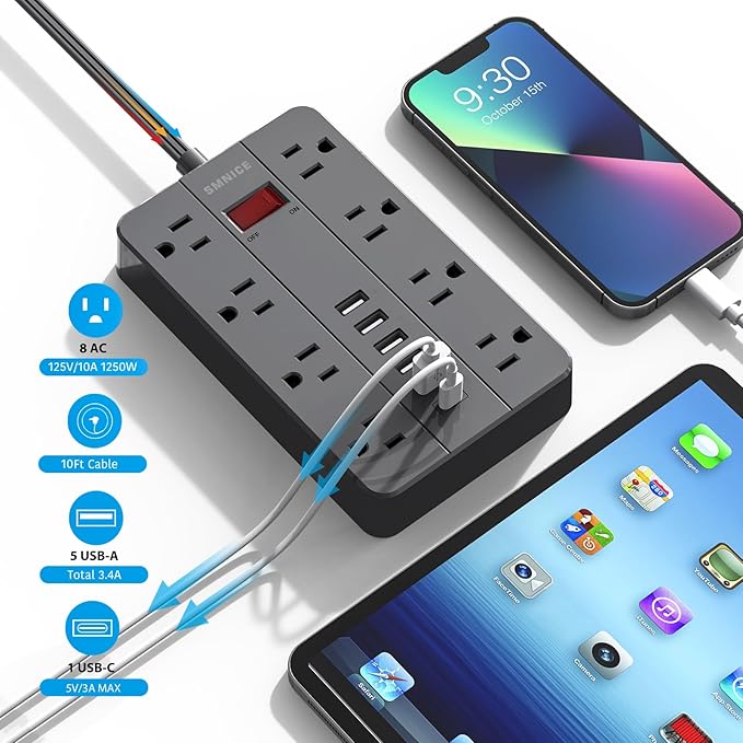 10 Ft Extension Cord Surge Protector SMNICE 8 Widely Spaced Outlets and 6 USB (1 USB C) Charging Ports Flat Plug Power Strip Desktop Power Cord for Travel Home Office Accessories Black