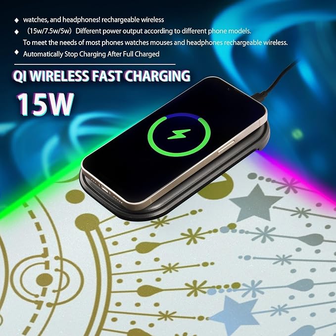 Gaming Mouse Pad Wireless Charging with 17 Led Light Modes with Premium Smooth Surface(Starry Sky Print35.4x15.7inWhite)