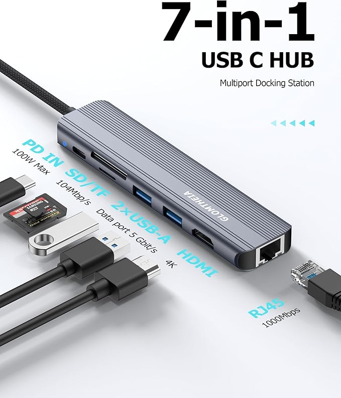 USB C Hub Ethernet HDMI Adapter for Mac MacBook Air/Pro Laptop Multiport Dock with RJ45 Gigabit Ethernet 4K HDMI USB 3.0 SD/TF Card Reader PD 100W Charging