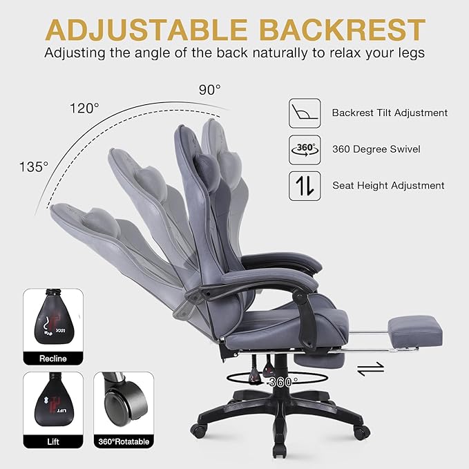High-Back PC Gaming Chair Office Chair Desk Task Chair Computer Racing Chair PU Ergonomic Executive Swivel Rolling Chair with Lumbar Support for Women Men (Grey)