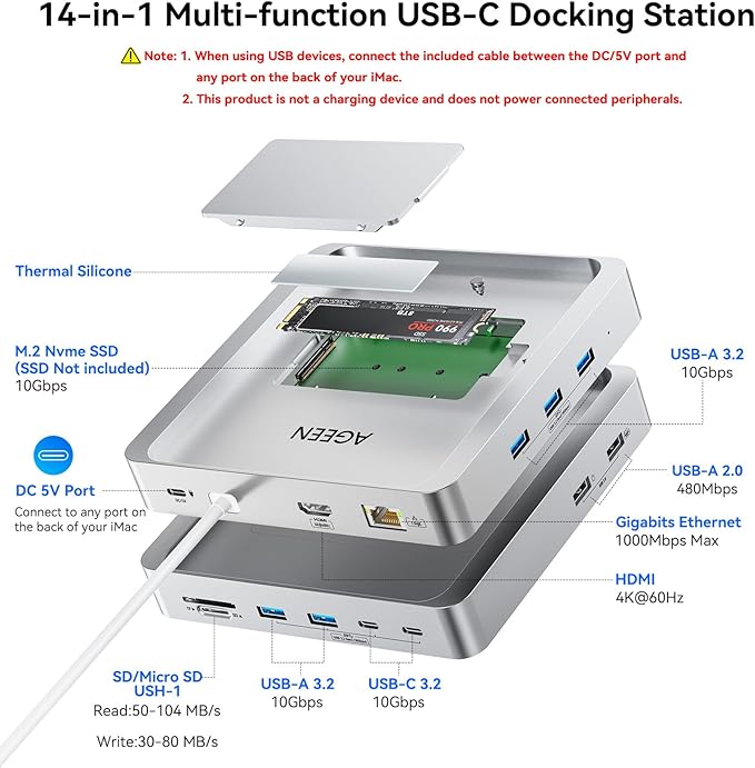 AGEEN 14-Port Upgraded 10Gbps USB Hub for iMac 24 inch 2021/2023/2024 M1/M3/M4 iMac Accessories with 5 USB-A 3.2 2 USB-C 3.2 4K@60Hz HDMI Gigabit Ethernet SD/TF SSD Enclosure(SSD Not Included)