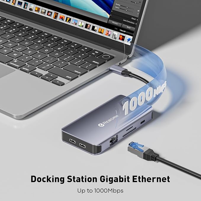 Reborn Docking Station Dual Monitor Adapter Laptop Docking Station 3 Monitors Triple Display USBC Hub Dongle to 4K60Hz HDMI+DP1Gbps Ethernet100W PDUSB C DataCard Readerfor DellHPLenovoSurface