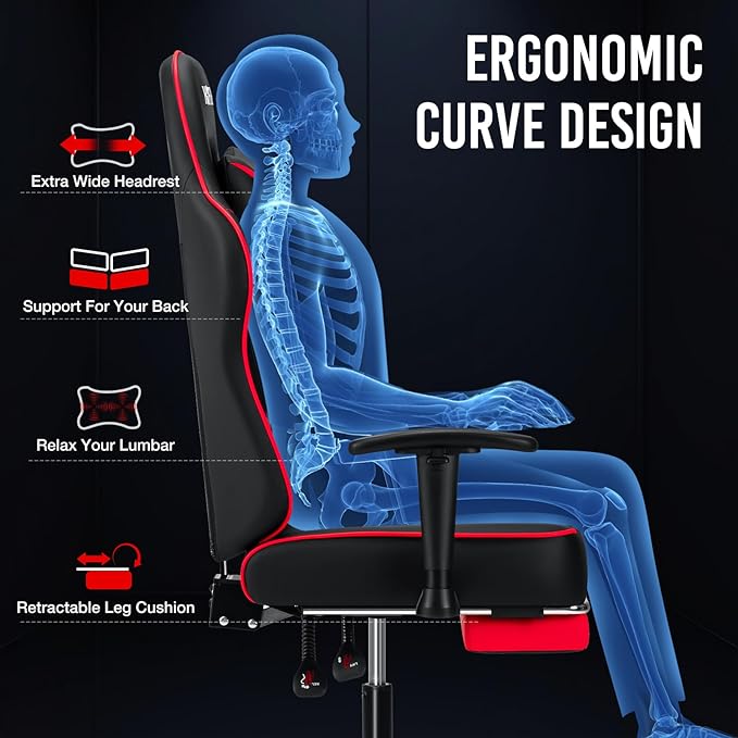 HOFFREE Massage Gaming Chair with Pocket Spring Cushion 155° Reclining Computer Gamer Chair with Footrest and Adjustable Armrests Ergonomic Video Game Chairs Red and Black