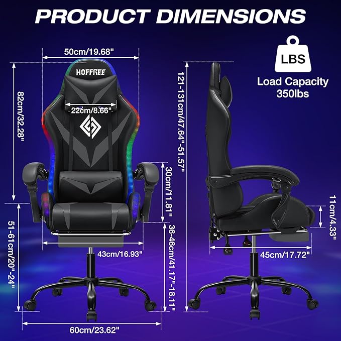 Gaming Chair Massage with LED RGB Lights and Footrest Ergonomic Computer Chair High Back Video Game Chair with Adjustable Lumbar Support Linkage Armrest Grey and Black