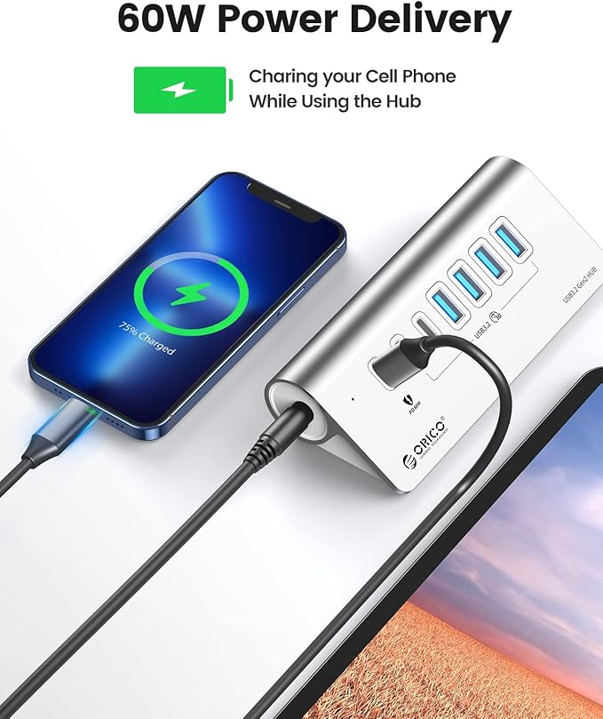 ORICO 7 Port USB Hub 10Gbps Aluminum USB 3.2 Gen 2 Hub 6 USB 3.2 Data Ports PD 60W Ports 1.64Ft C to C Cable USB Data Hub for Laptop
