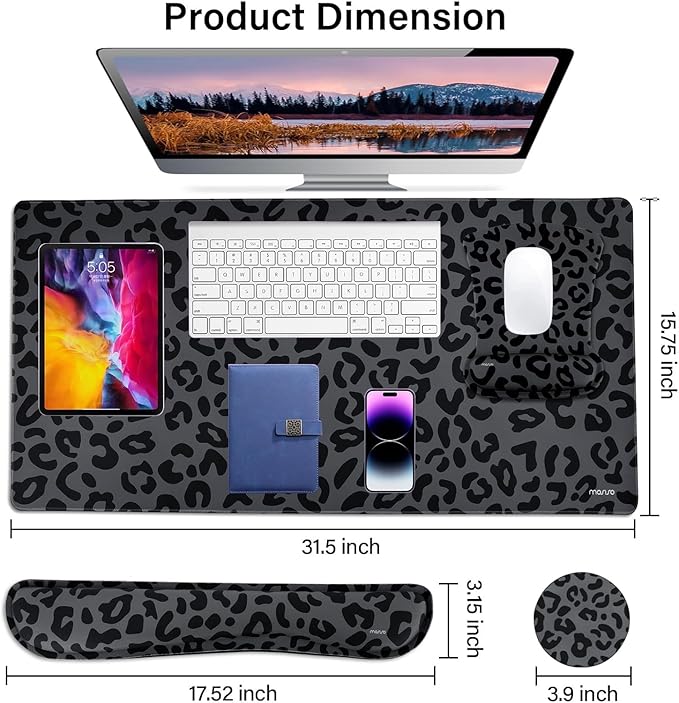 MOSISO Wrist Rest Support for Mouse Pad&ampKeyboard Set Ergonomic Large Leopard Grain Desk Mat&ampCoaster Set Non-Slip Mousepad&ampPain Relief&ampEasy Typing Cushion with Memory Foam for Home Of