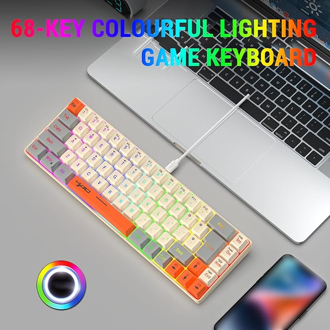 Docooler Wired Keyboard 68-Key RGB Gaming Keyboard 68 Keys Hot-Swap Compact Mechanical Keyboard Detachable Ty[e-C Keyboard for Gaming &amp Office Wired Computer Keyboard Ergonomic - Gray-White Ora