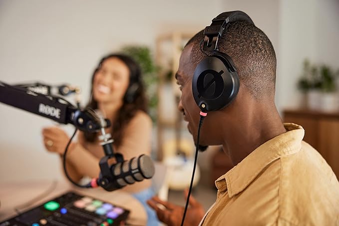 Rode PodMic Dynamic Podcasting Microphones (Pair) with Tripod Desktop Microphone Stands Rode NTH-100 Professional Closed-Back Over Ear Headphones XLR Cables and StreamEye Polishing Cloth