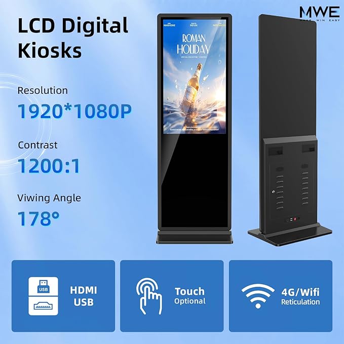 JIYANG 32 Inch Indoor Touchscreen Digital Signage Floor Standing Digital Interactive Kiosks LCD Totem Monitor with WiFi/USB Input Auto Media Player Android System