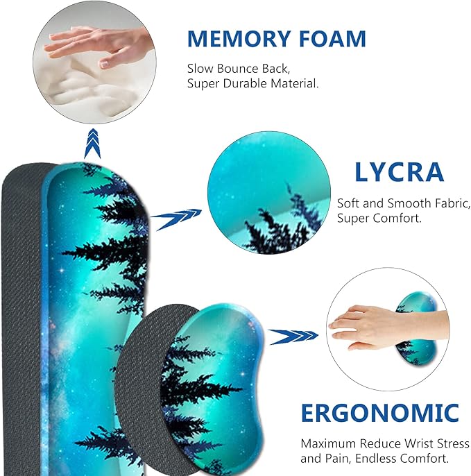AIMSA Large Gaming Mouse Pad Set Keyboard Wrist Rest Support + Extended Mouse Pad + Mouse Wrist Cushion + Coaster Ergonomic Memory Foam Multifunctional Desk Mat 35x15.7inch (Forest Moon Sky)