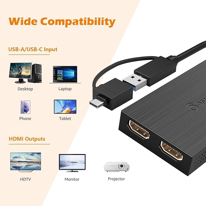 WAVLINK HDMI Splitter Extended Display for Dual Monitor USB A or USB-C to Dual HDMI Adapter Multi-Monitor Display 3 Separate Screens for Windows and macOS4K30Hz1080p@60Hz