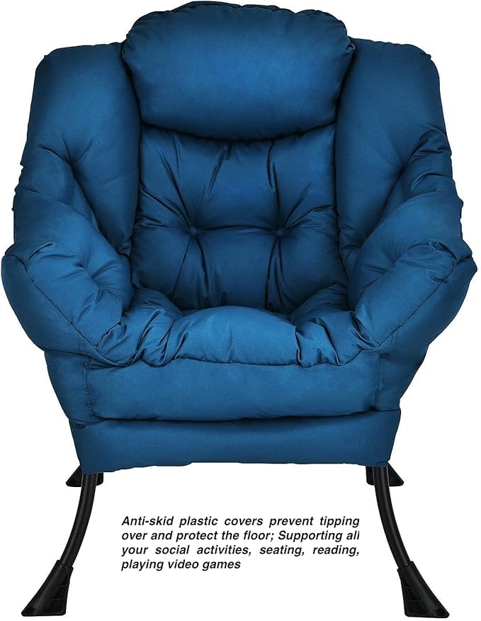 Navy Blue Polyester Fabric Lazy Chair Upholstered Single Sofa Chair With Side Pocket Soft Headrest Thick Seat Cushion Curved Armrest Perfect For Watching TV Relaxing Reading Playing Video Games