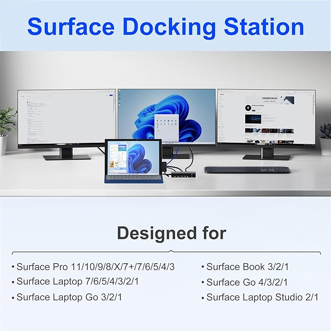 Surface Docking Station Triple Display Dual 4K HDMI &amp VGA 12-in-1 Surface Pro Dock for Microsoft Surface Pro 11/10/9/8/7/6/5/4/3 Surface Laptop 7/6/5/4 Surface Go/Book/Laptop Go