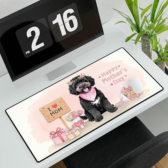 Happy Mother's Day Portuguese Water Dog Love Dog Mom Heart Flower Desk Mat Full Keyboard Mouse Pad PWD Portie Fishing Dog Lover Large Mousepad 12004