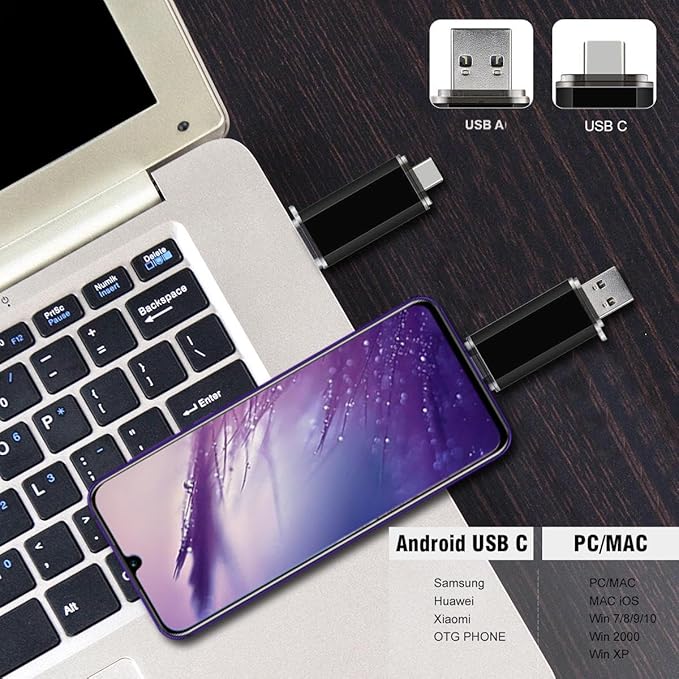 2-Pack 64GB USB C Flash Drive Dual Flash Drive Type C + USB A Memory Stick Jump Drive 2-in-1 Thumb Drive for Storage and Backup (64GB*2 Black&ampBlue)