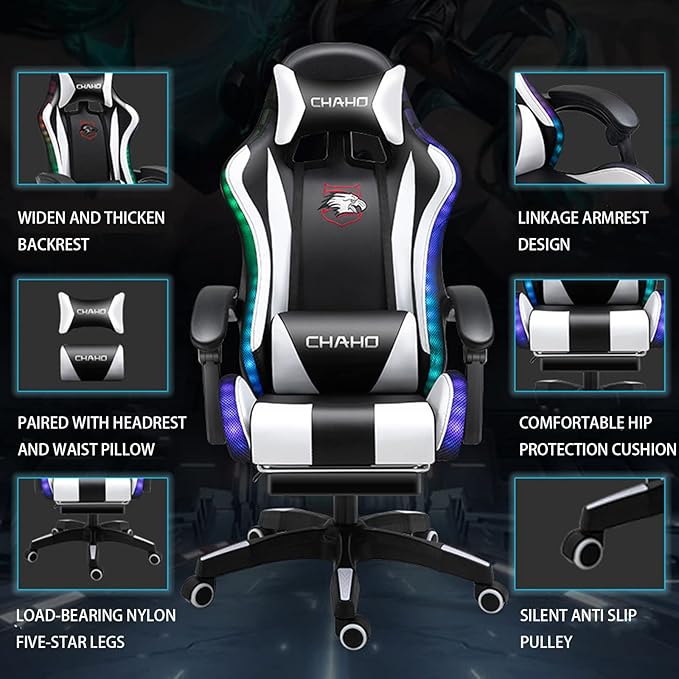 Gaming Chair with footrestGamer Chair with 200lb Capacity for Adults and Teens Racing Style Computer Chair with Headrest and Lumbar Support (BlueAudio&ampLighting)
