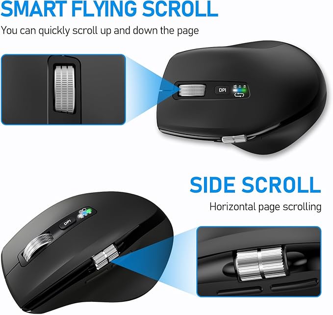 Wireless Bluetooth Side Scroll Mouse with Multi-Device Ergonomic Computer Mice with Smart Flying Scroll Quiet Click 4-Level DPI for Computer Laptop iPad Tablet MacBook (Black)