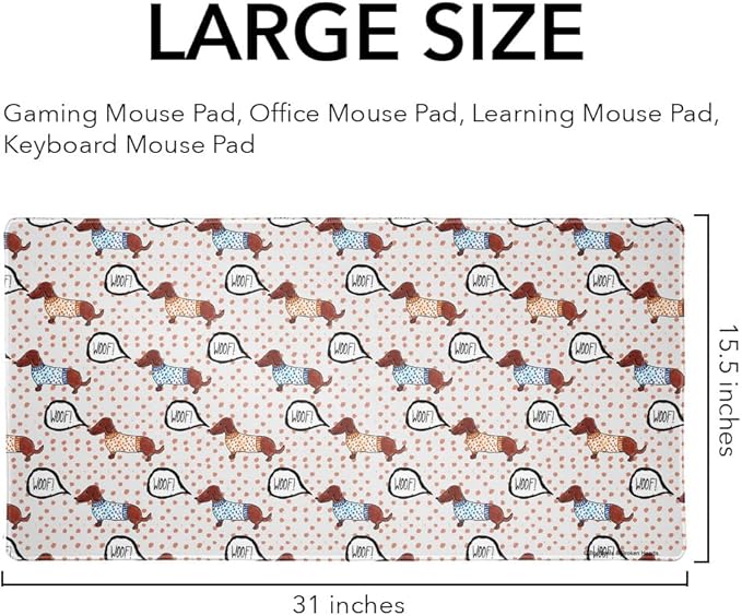 Woof Goes The Wieners Dachshunds Dogs in Sweaters Pattern Large Gaming Mouse Pad Desk Mat with Stitched Edges Non-Slip Base