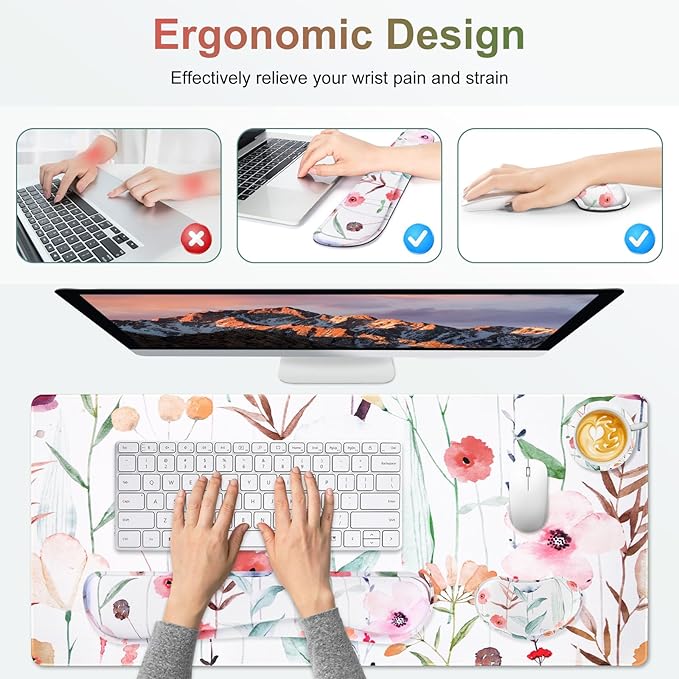 Large Gaming Mouse Pad Set 4 in 1 Extended Keyboard Desk Mat with Wrist Rest PC Computer Game Mousepad Set Non-Slip Desk Pad Easy Typing Pain Relief for Home Office I Orange Flowers