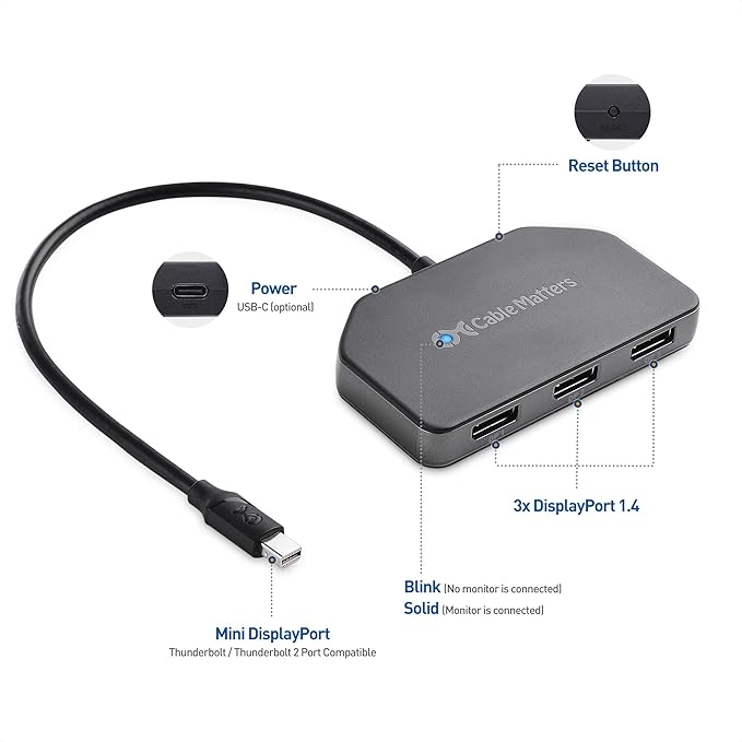 Cable Matters 101075 Triple Monitor Mini DisplayPort/DisplayPort Hub (3X 4K Display Port Splitter) 3-Port DP 1.4 Enabled for 8K and 4K 120Hz HDR for Windows Only NOT Compatible with macOS