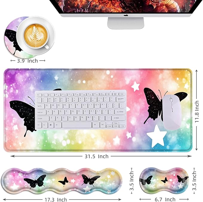 Mouse PadLarge Desk Mat Set 4in1 XL Mousepad + Keyboard Wrist Rest+Mouse Wrist Rest+Coaster with Ergonomic Desk Pad for Home Office Table Computer Cover -Butterfly Silhouettes and Stars