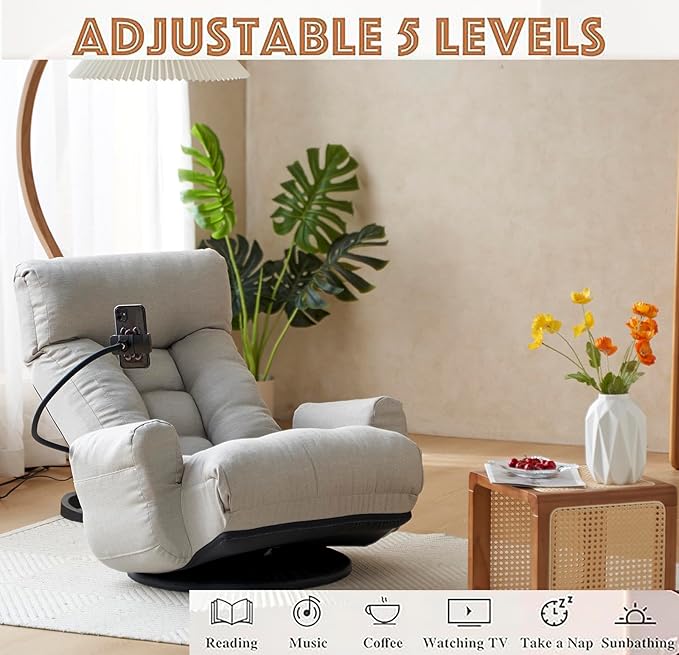 Floor Gaming Chair – 5-Position Adjustable 360° Swivel Folding Sofa Chair with Armrests Cushion-Padded Chaise Lounge for Teens &amp Adults (Gray)