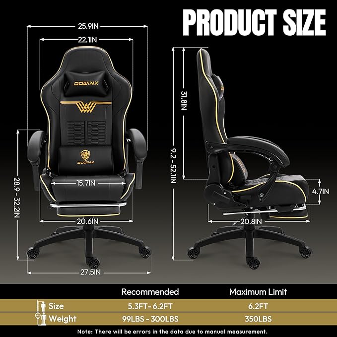 Dowinx Gaming Chair Big and Tall 350LBS Heavy Duty PC Gaming Chair with Massage &amp Footrest Ergonomic Reclining Gamer Chair with Embroidered Esports Design Black