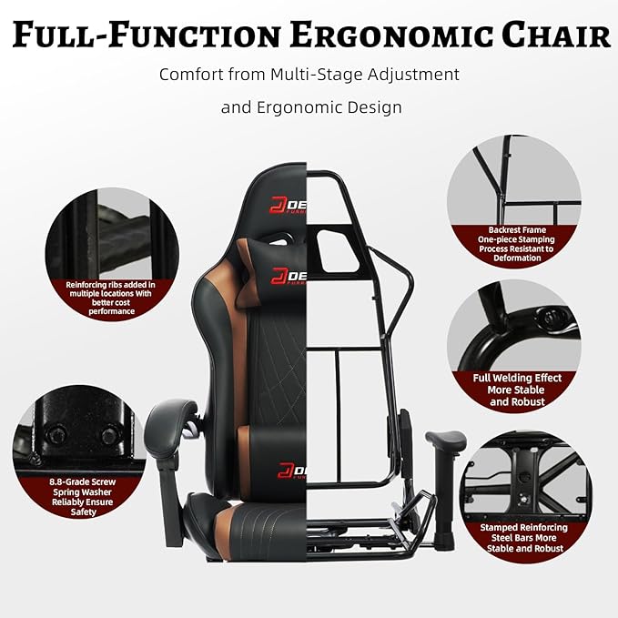 Ergonomic Gaming Chair with Footrest and Lumbar Massage Racing Office Chair High Back Computer Desk Chair with Headrest Pillow for Adults Video Game Chair for PC Gamer (1001-Brown)